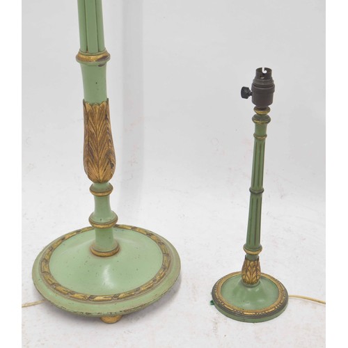 155 - Green and gilt highlighted painted standard lamp, with leaf base and reeded support, 55