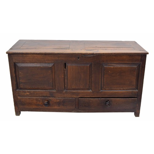 363 - Antique oak mule chest, the hinged top revealing an open chest interior, with triple panelled front ... 