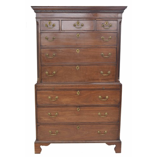 366 - Good George III mahogany chest on chest, carved dentil cornice over an upper section of three short ... 