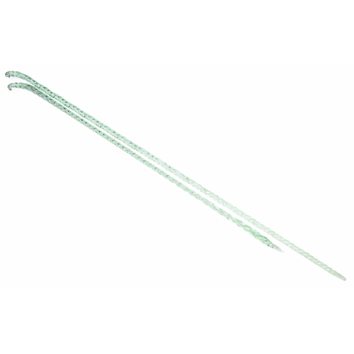 159 - Two similar long Nailsea green glass twist shepherd crooks, 56