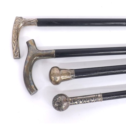 641 - Four silver topped walking sticks formerly belonging to Yehudi Menuhin, one marked for London 1903 w... 