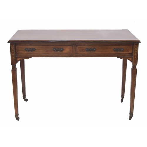 353 - Edwardian mahogany inlaid side table, the moulded top over two short drawers, raised on tapering squ... 