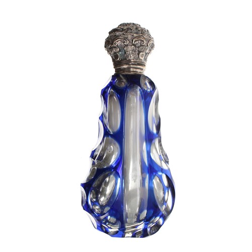 179 - Victorian blue overlaid glass scent bottle, with repousse hinged cover enclosing an inner glass stop... 