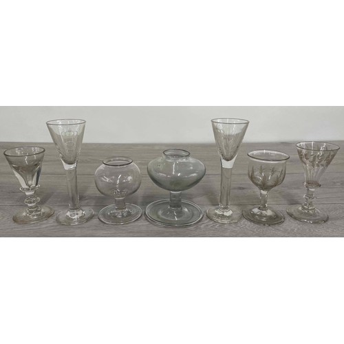 181 - Selection of antique glass to include two lace makers' lamps, (tallest 4