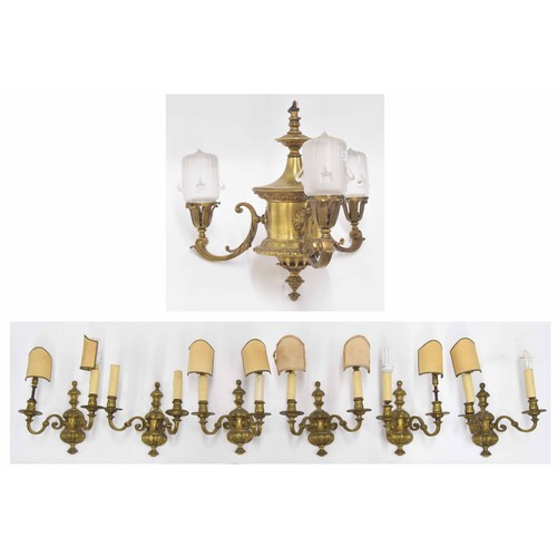 187 - Good large Georgian style gilt three-sconce candelabra, with pressed glass shades, 23