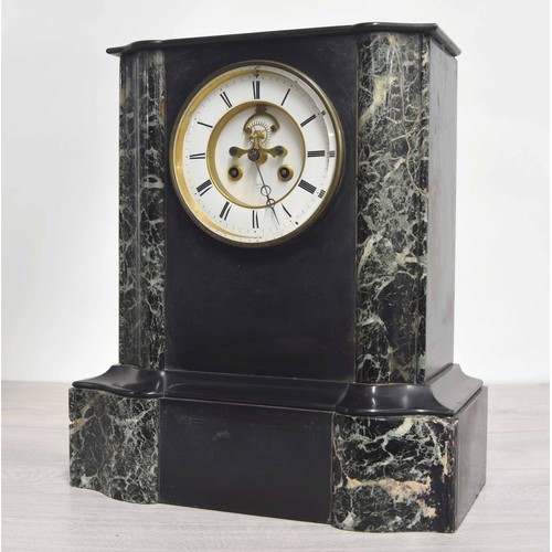 190 - Henry Marc, Paris large black slate and marble two train mantel clock, chiming on a bell, the circul... 