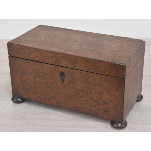 195 - 19th century burr walnut tea caddy, the hinged cover enclosing a divided interior with removable tie... 