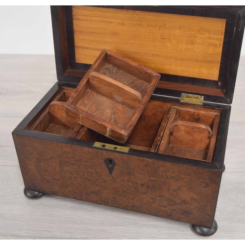 195 - 19th century burr walnut tea caddy, the hinged cover enclosing a divided interior with removable tie... 