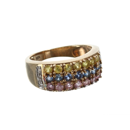 234 - Pretty 9ct sapphire and diamond band ring, consisting of three rows of blue, yellow and pink sapphir... 