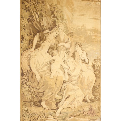 198 - Large tapestry wall hanging decorated with classical figural scene in a garden, 84