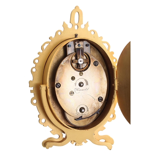 1310 - Good small English ormolu oval easel clock timepiece in the manner of Thomas Cole, the silvered dial... 