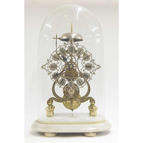 1512 - Brass single fusee skeleton clock with passing strike on a bell, the 8.75