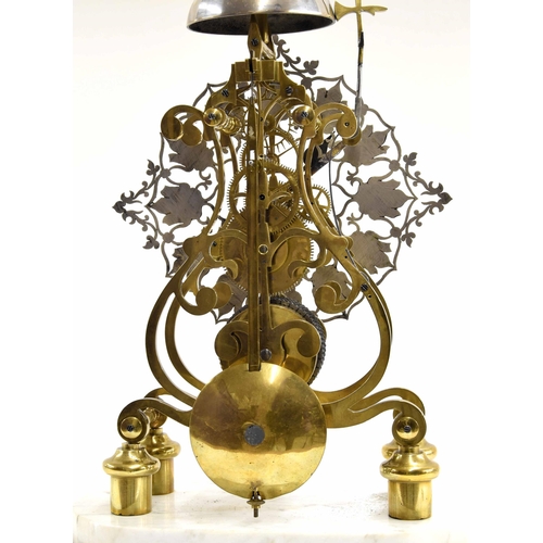 1512 - Brass single fusee skeleton clock with passing strike on a bell, the 8.75