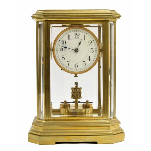 1513 - Good brass four glass torsion mantel clock, the movement back plate inscribed D.R.P. no. 144888 and ... 