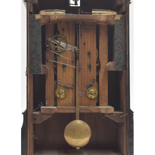 1515 - Black Forest ebonised two train cuckoo clock striking on a gong attached to the back door, the 7.25