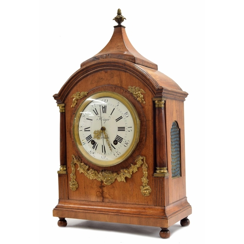 1518 - Unusual French mahogany and walnut cased two train bracket clock, the 7.5