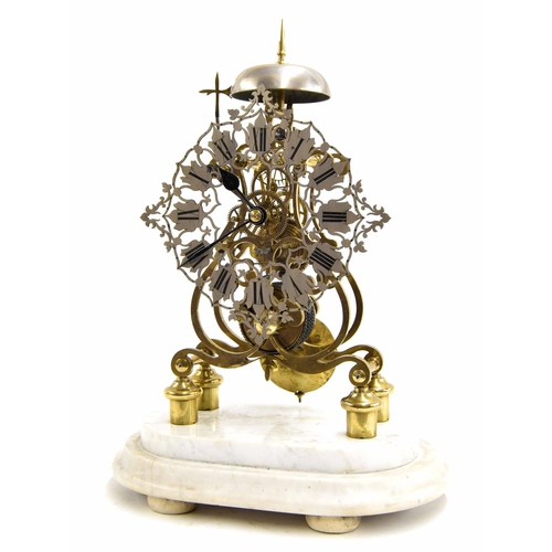 1512 - Brass single fusee skeleton clock with passing strike on a bell, the 8.75