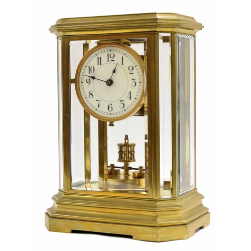 1513 - Good brass four glass torsion mantel clock, the movement back plate inscribed D.R.P. no. 144888 and ... 