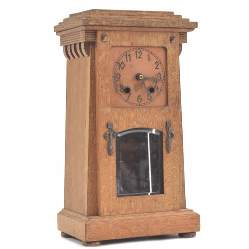 1516 - Oak Arts & Crafts style two train mantel clock striking on a gong, the 3.5