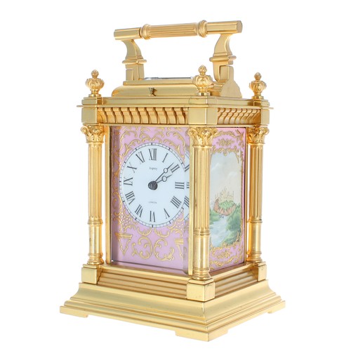 1233 - Good porcelain panelled repeater carriage clock, the chapter ring with Roman numerals signed Asprey,... 