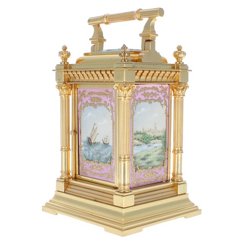 1233 - Good porcelain panelled repeater carriage clock, the chapter ring with Roman numerals signed Asprey,... 