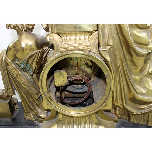 1522 - Large and impressive French brass two train figural mantel clock, the movement back plate stamped A ... 