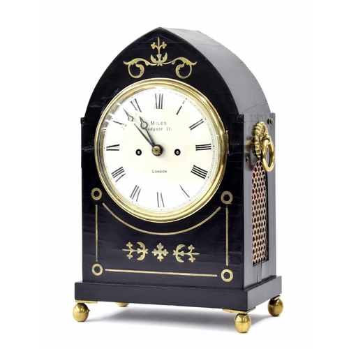 1526 - Small English ebonised double fusee lancet mantel clock, the 5.75