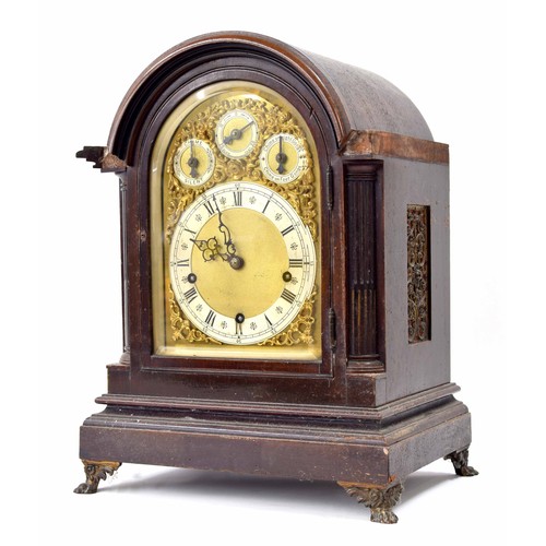 1531 - Mahogany three train chiming boardroom bracket clock, the movement striking the hours and quarters w... 