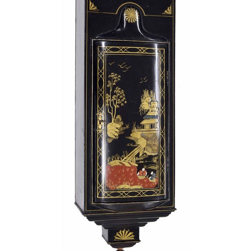 1719 - Good contemporary black lacquer and chinoiserie decorated tavern clock, the A-frame plated movement ... 