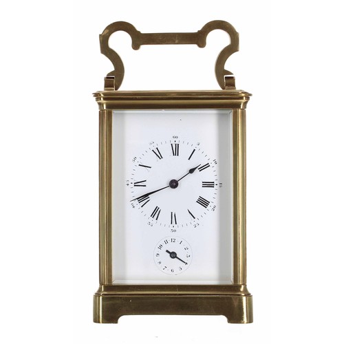 1237 - Carriage clock timepiece with alarm striking on a bell, within a corniche brass case, 7.5