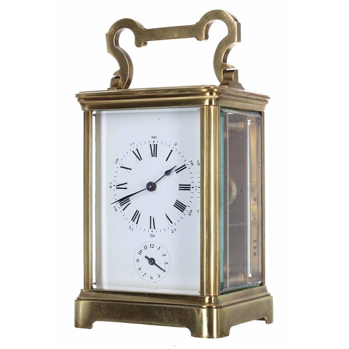 1237 - Carriage clock timepiece with alarm striking on a bell, within a corniche brass case, 7.5