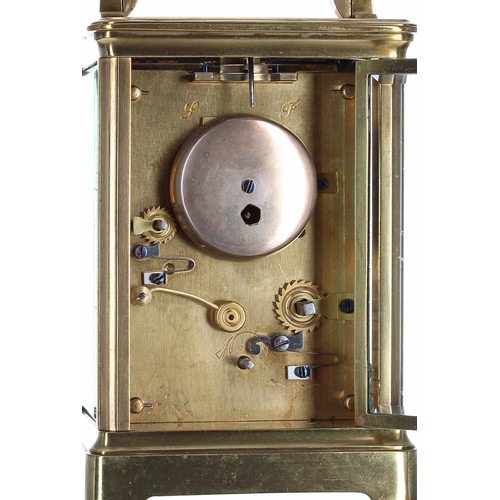 1237 - Carriage clock timepiece with alarm striking on a bell, within a corniche brass case, 7.5