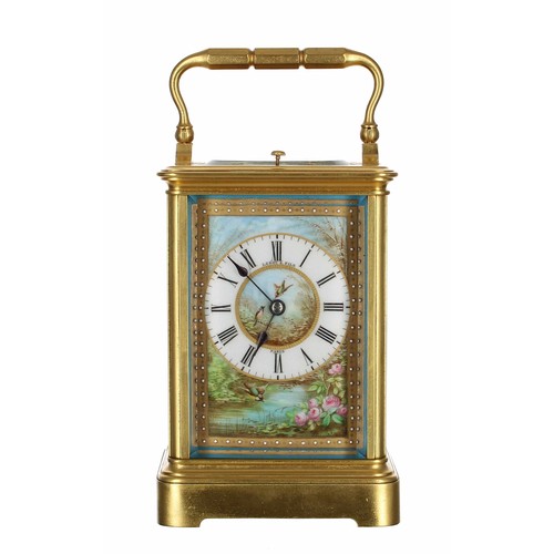 1242 - Good French repeating and porcelain panelled carriage clock striking on a gong, the movement back pl... 