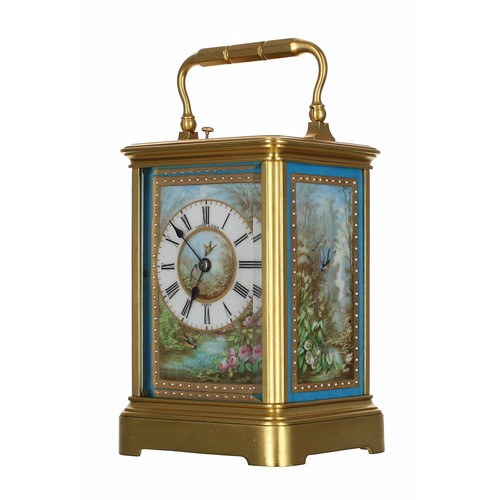 1242 - Good French repeating and porcelain panelled carriage clock striking on a gong, the movement back pl... 