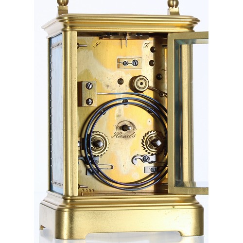 1242 - Good French repeating and porcelain panelled carriage clock striking on a gong, the movement back pl... 