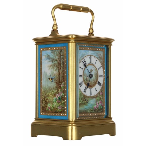 1242 - Good French repeating and porcelain panelled carriage clock striking on a gong, the movement back pl... 