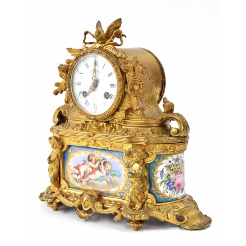 1311 - Small French ormolu and porcelain panelled two train drumhead mantel clock, the Japy Fils movement w... 