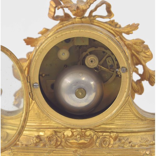 1311 - Small French ormolu and porcelain panelled two train drumhead mantel clock, the Japy Fils movement w... 