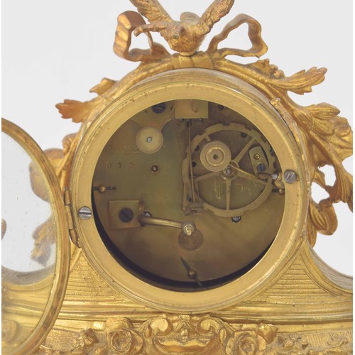 1311 - Small French ormolu and porcelain panelled two train drumhead mantel clock, the Japy Fils movement w... 