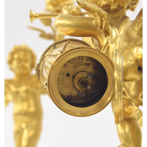 1323 - Fine French ormolu and rouge marble figural mantel clock garniture, the movement with platform escap... 