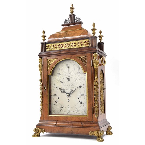 1334 - Good English faded mahogany triple fusee original  verge bracket clock with alarm, the 8