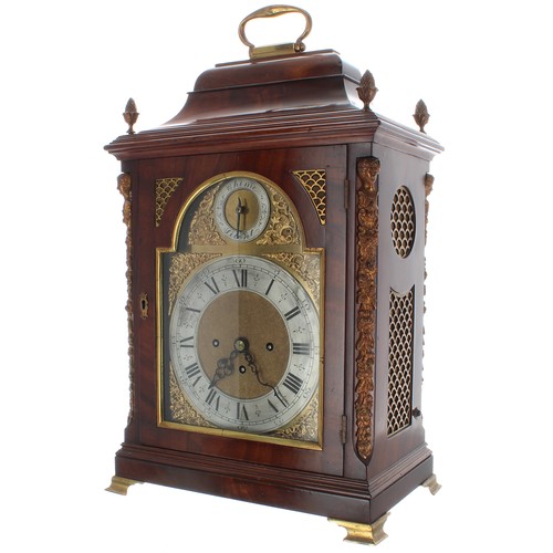 1329 - English mahogany three train bracket clock, the movement playing on a nest of eight graduated bells ... 