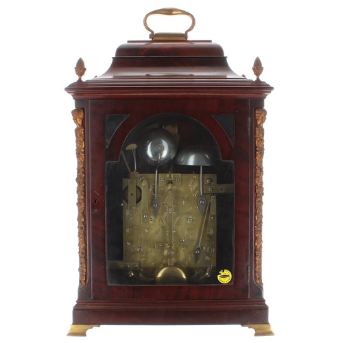 1329 - English mahogany three train bracket clock, the movement playing on a nest of eight graduated bells ... 