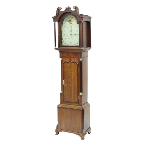 1855 - Oak and mahogany three train longcase clock, the 14