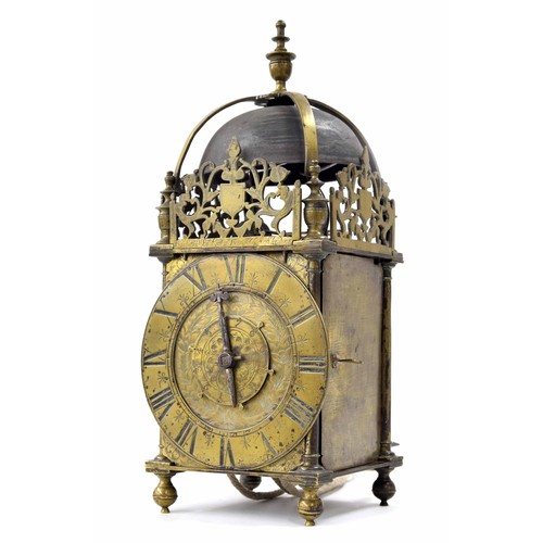 1341 - Fine and rare second period hoop and spike brass lantern clock, signed on the lower front heraldic f... 