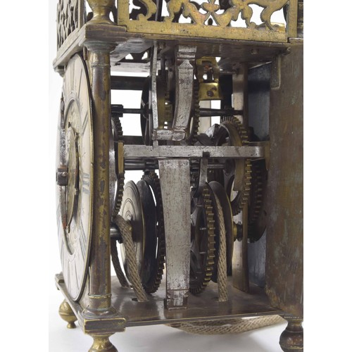 1341 - Fine and rare second period hoop and spike brass lantern clock, signed on the lower front heraldic f... 