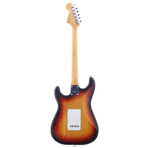 112 - 1970s CMI S Type electric guitar, made in Japan; Body: sunburst finish, heavy dings and blemishes th... 