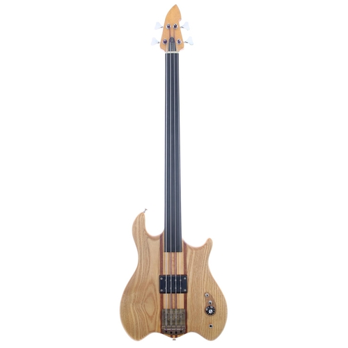 120 - Interesting good quality custom build fretless bass guitar, comprising eccentric natural wood body w... 