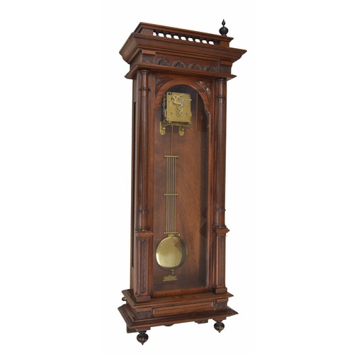 2634 - Kieninger mahogany double weight Vienna regulator wall clock (no dial), within a fluted pillared gla... 