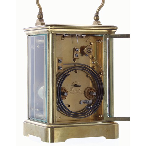 1248 - French repeater carriage clock striking on a gong, the dial signed under the chapter ring Webster...... 